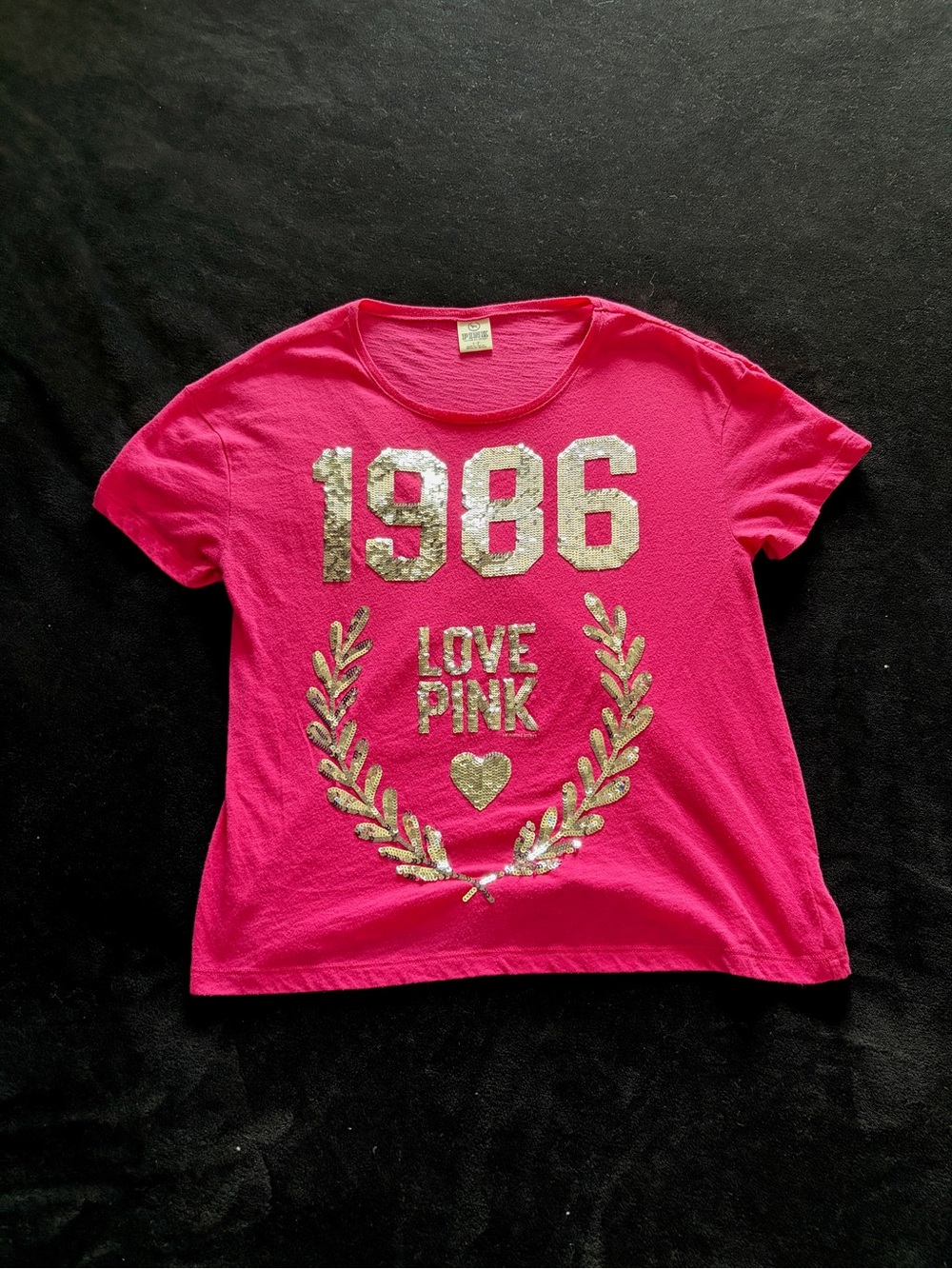 PINK Victoria's Secret Hot Pink Sequin '1986 Love Pink' Bling Tee
